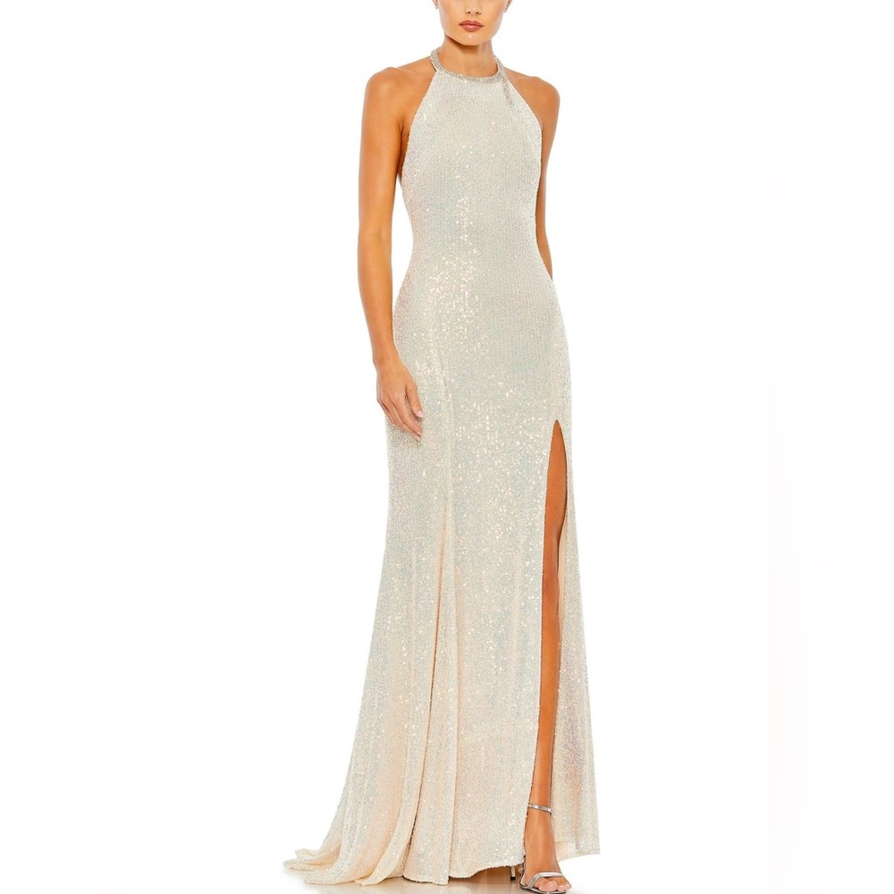 Mac Duggal Ivory Sequin Halter Backless Evening Gown